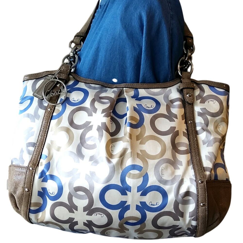 Coach Alexandria signature satin purse chain leather beige blue hobo luxury